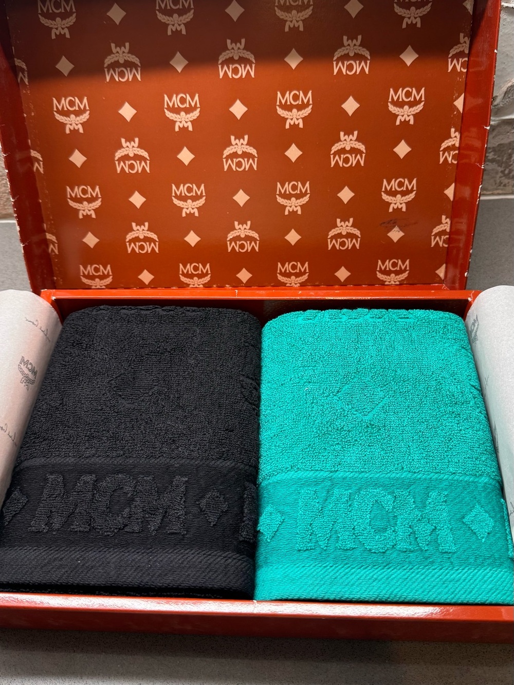 MCM Embossed Logo Towel Duo — Black & Teal
